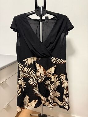 Shein Black Tropical Leaf Print Wrap Dress 2XL Short Sleeve